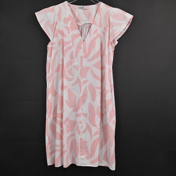 WOOLWORTHS Dress Size M Pink Geometric Print Cotton V Neck Flutter Sleeve Shift - Picture 2 of 12